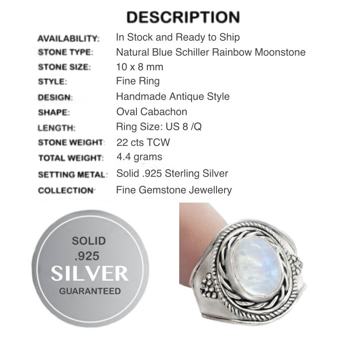 Natural Blue Schiller Rainbow Moonstone Solid .925 Sterling Silver Ring Size US 8 or Q - BELLADONNA