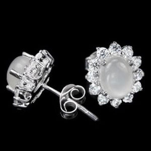 Natural White Moonstone, White Cubic Zirconia Gemstone Solid .925 Silver Earrings - BELLADONNA