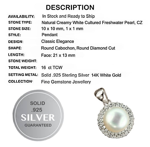 16 cts Deluxe Natural White Pearl Cz Solid .925 Sterling Silver Pendant & Free Chain - BELLADONNA