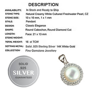16 cts Deluxe Natural White Pearl Cz Solid .925 Sterling Silver Pendant & Free Chain - BELLADONNA