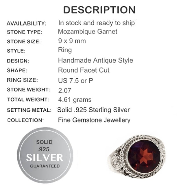 Natural Fire Garnet Solid .925 Sterling Silver Ring Size US 7.5 - BELLADONNA