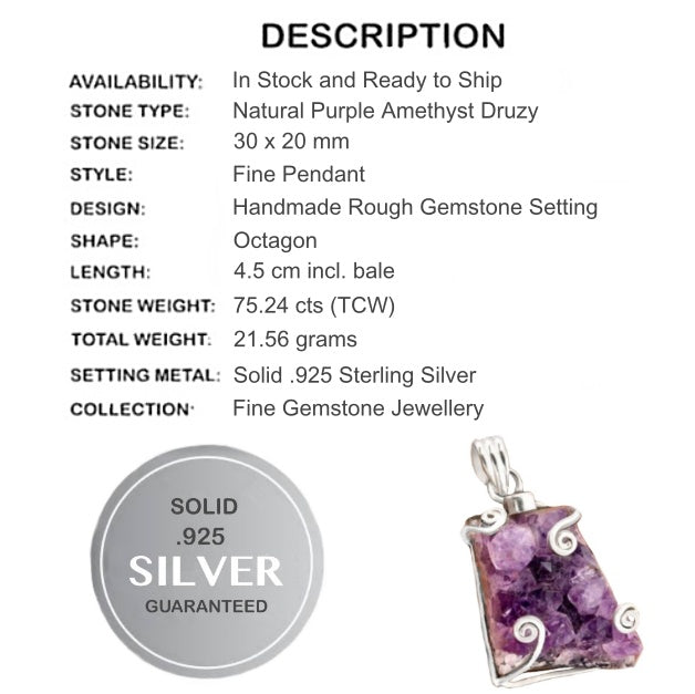 75.46 Cts Natural Purple Amethyst Druzy Cluster Gemstone 925 Silver Pendant - BELLADONNA