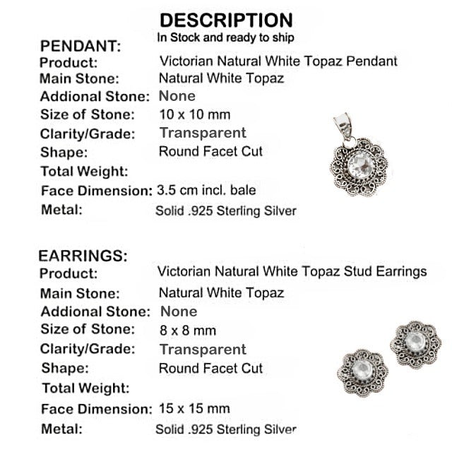 Natural White Topaz Solid .925 Sterling Silver Pendant & Earrings Set - BELLADONNA