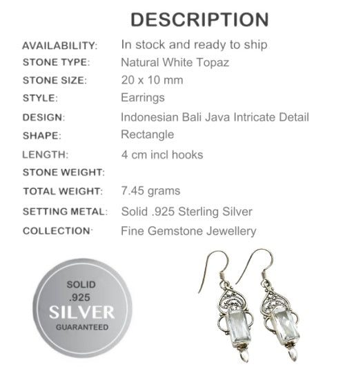 Indonesian Bali Java White Topaz Solid Sterling Silver Dangling Earrings - BELLADONNA