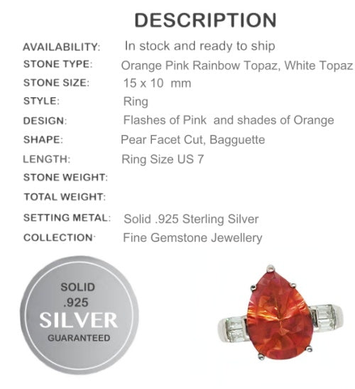 Orange Pink Rainbow Mystic Topaz, White Topaz Solid .925 Sterling Silver Ring Size 7 or O - BELLADONNA