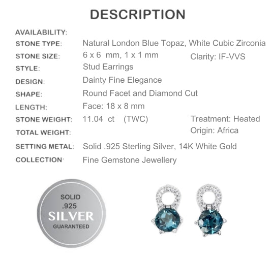 Natural London Blue Topaz Cz Gemstone Solid .925 Sterling Silver Studs - BELLADONNA