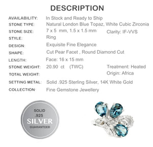 20.90 cts Natural London Blue Topaz White Cz Solid .925 S/Silver Size 7 - BELLADONNA