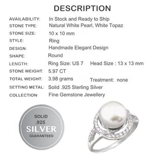5.97 Cts Natural White Pearl , White Topaz Solid .925 Silver Size 7 or O - BELLADONNA