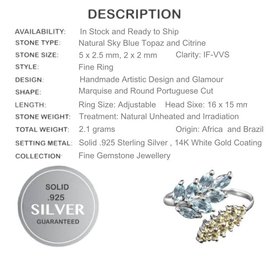 Natural Unheated Blue Topaz, Citrine Gemstone Solid .925 Silver Ring Size 7 - 8 Adjustable - BELLADONNA