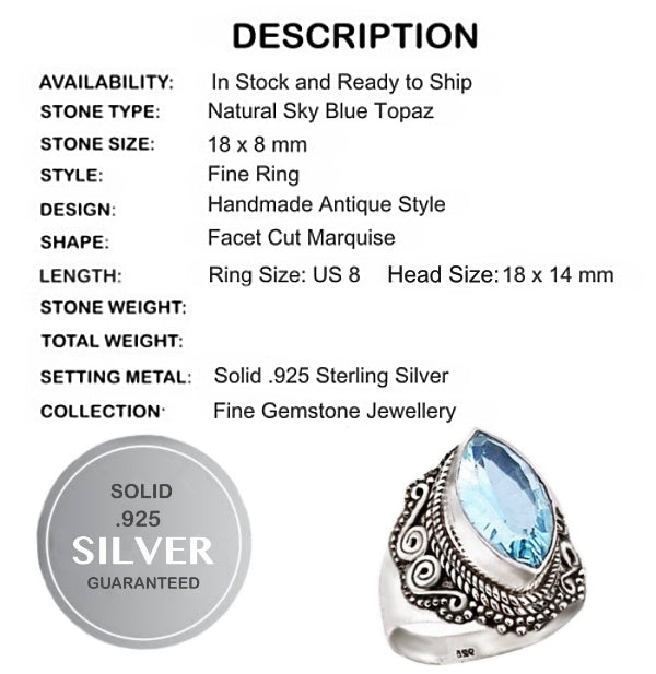 Natural Blue Topaz Gemstone Solid .925 Silver Ring Size 8 - BELLADONNA