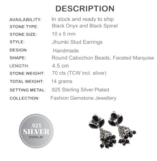 Handmade Black Spinel and Black Onyx Jhumki) Gemstone .925 Silver Plated Stud Earrings - BELLADONNA
