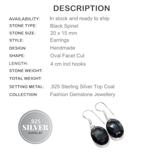 Handmade Black Spinel Oval Gemstone .925 Silver Drop Dangle Earrings - BELLADONNA