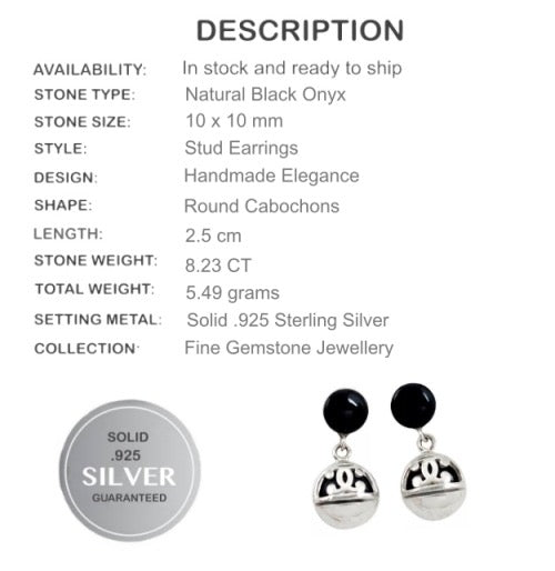 Natural Black Onyx Gemstone .925 Sterling Silver Stud Earrings - BELLADONNA