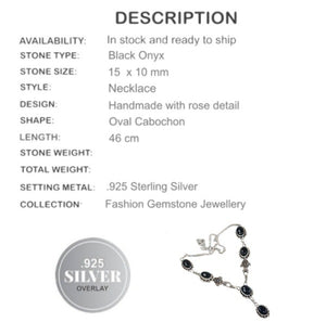 Natural Black Onyx Gemstone .925 Silver Necklace with Rose Accent in the chain - BELLADONNA
