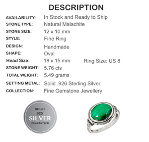 Natural Malachite in Set In Solid .925 Sterling Silver Ring Size US 8 - BELLADONNA