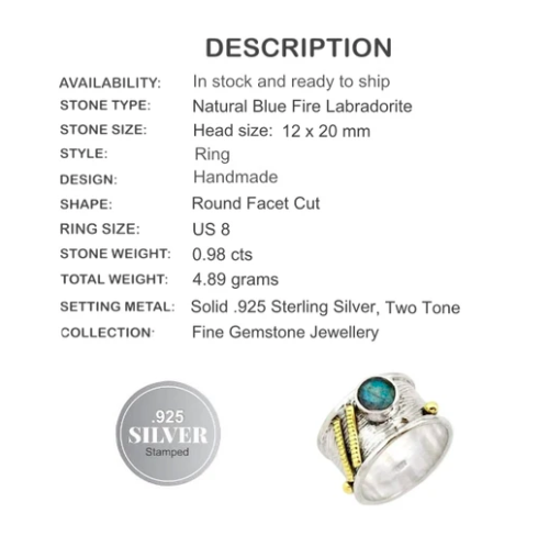 Natural Canadian Blue Labradorite Solid .925 Sterling Silver Ring Size 8 - BELLADONNA