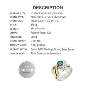 Natural Canadian Blue Labradorite Solid .925 Sterling Silver Ring Size 8 - BELLADONNA