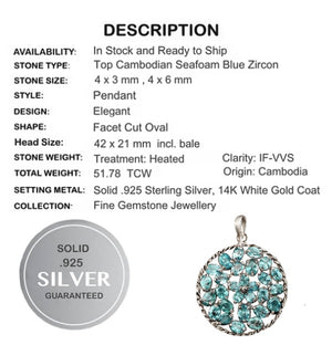 Top Cambodian Seafoam Blue Zircon Solid 925 Sterling Silver Pendant Free Chain - BELLADONNA
