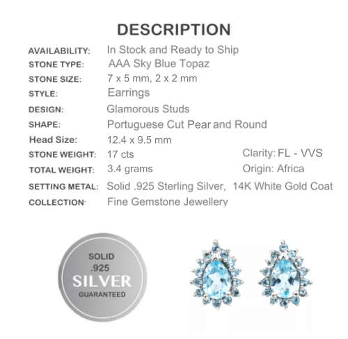 Genuine 7x5 mm AAA Top Sky Blue Topaz Gemstone .925 Sterling Silver Earrings - BELLADONNA
