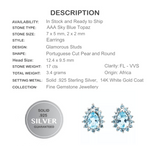 Genuine 7x5 mm AAA Top Sky Blue Topaz Gemstone .925 Sterling Silver Earrings - BELLADONNA
