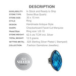 Handmade Faceted Blue Quartz Gemstone .925 Silver Plated Ring Size US 10 - BELLADONNA
