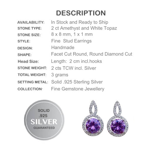 Dainty Purple Amethyst and White Topaz Stud Earrings In Solid .925 Sterling Silver - BELLADONNA