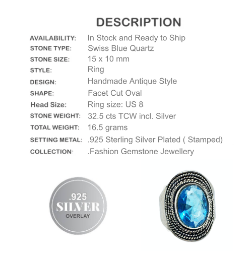 Handmade Faceted Blue Quartz Gemstone .925 Silver Plated Ring Size US 8 - BELLADONNA