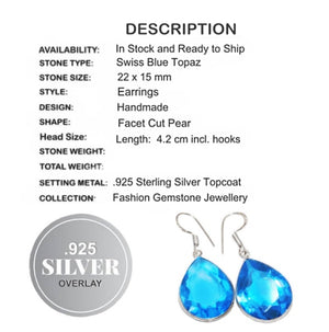 Blue Topaz Pear Shape Gemstone .925 Sterling Silver Earrings - BELLADONNA