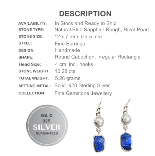 Natural Sapphire Rough and White Pearl Earrings In Solid.925 Sterling Silver - BELLADONNA