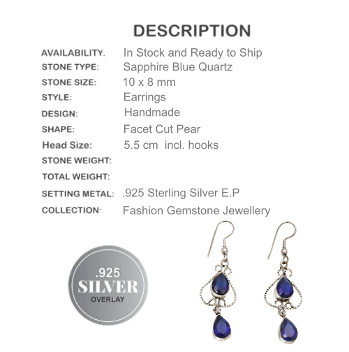 Sapphire Blue Quartz Faceted Pears .925 Silver Earrings - BELLADONNA