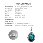 London Blue Topaz Gemstone .925 Sterling Silver Pendant - BELLADONNA