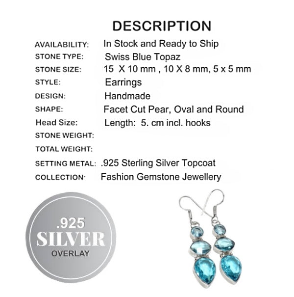Blue Topaz Gemstone .925 Sterling Silver Earrings - BELLADONNA