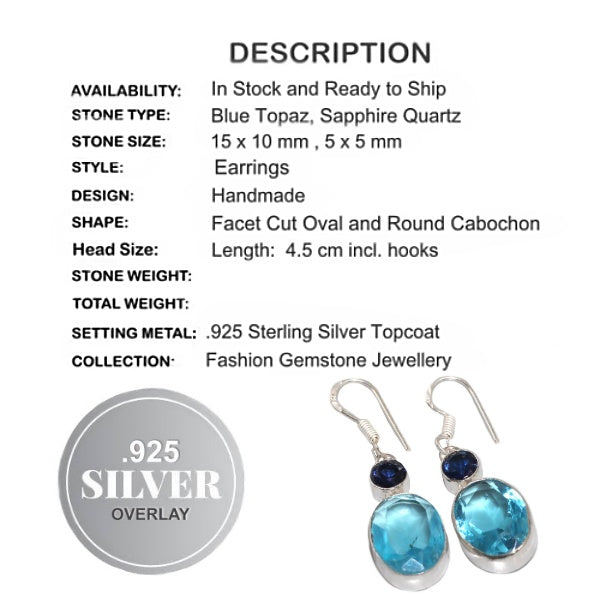 Elegant Faceted Blue Topaz Sapphire Quartz Gemstone .925 Sterling Silver Earrings - BELLADONNA