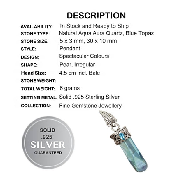 Aqua Aura Quartz, Blue Topaz Gemstone Solid .925 Sterling Silver Pendant - BELLADONNA
