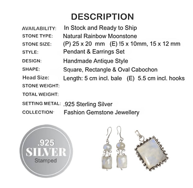 Natural Rainbow Moonstone .925 Silver Pendant & Earrings Set - BELLADONNA