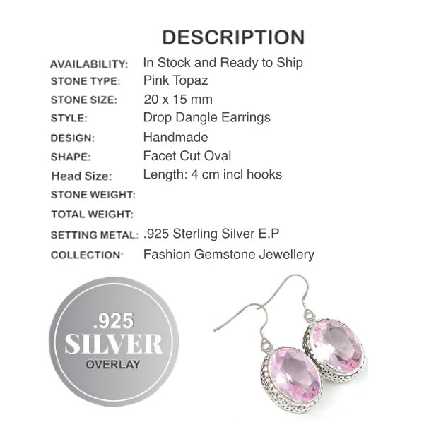 Handmade Pink Topaz Oval Gemstone .925 Silver Earrings - BELLADONNA