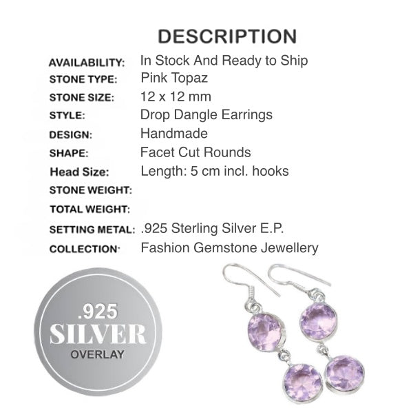 Summer Pastels Pink Quartz Gemstone .925 Silver Earrings - BELLADONNA