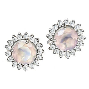 Natural Rose Quartz, AAA White Cubic Zirconia Solid.925 Sterling Silver 14K White Gold Stud Earrings - BELLADONNA