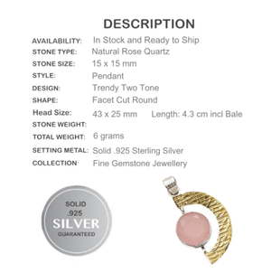 Two Tone Natural Rose Quartz Solid.925 Sterling Silver Pendant - BELLADONNA