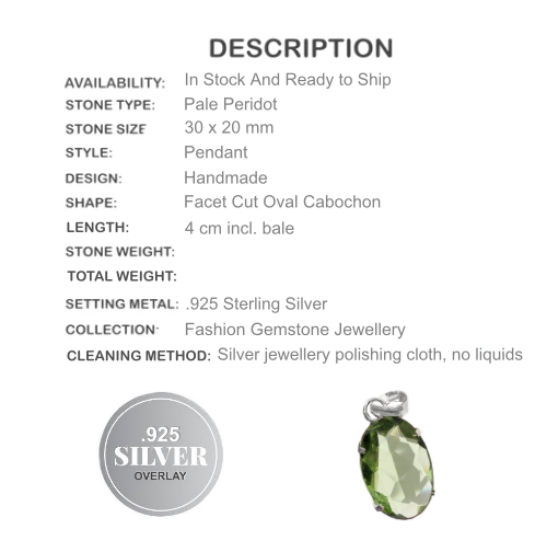 Pale Faceted Peridot Oval Gemstone .925 Silver Pendant - BELLADONNA