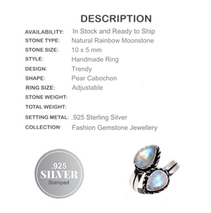 Trendy Natural Rainbow Moonstone Pear Adjustable .925 Silver Ring - BELLADONNA