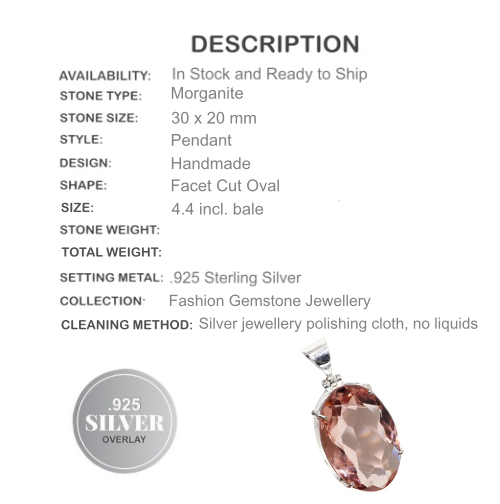 Faceted Morganite Oval Gemstone .925 Silver Pendant - BELLADONNA