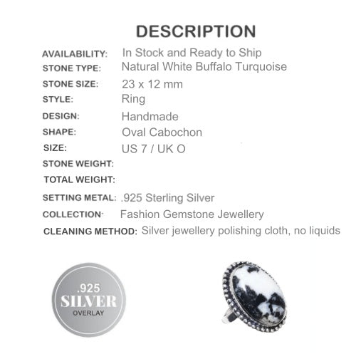 Natural White Buffalo Turquoise .925 Silver Ring US 7 / UK O - BELLADONNA