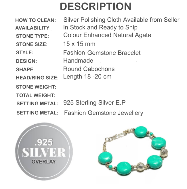 Handmade Aqua Green Agate Gemstone .925 Sterling Silver Bracelet - BELLADONNA