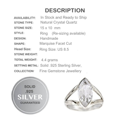 Natural Crystal Quartz Solid Sterling Silver Ring Size US 8.5 - BELLADONNA