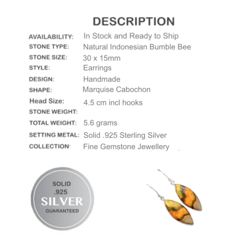 Marquise Shape Indonesian Bumble Bee Jasper Solid .925 Sterling Silver Earrings - BELLADONNA