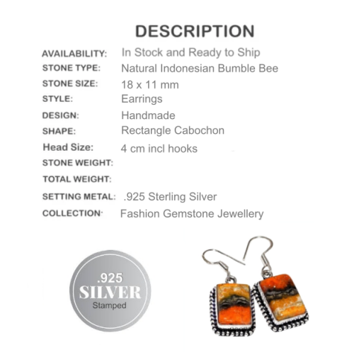 New Arrival Indonesian Bumble Bee Jasper .925 Silver EP Earrings - BELLADONNA
