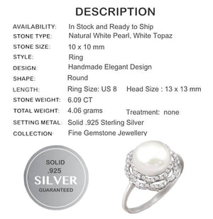 6.09 ct Natural White Pearl , White Topaz Solid .925 Sterling Silver Ring Size 8 or Q - BELLADONNA
