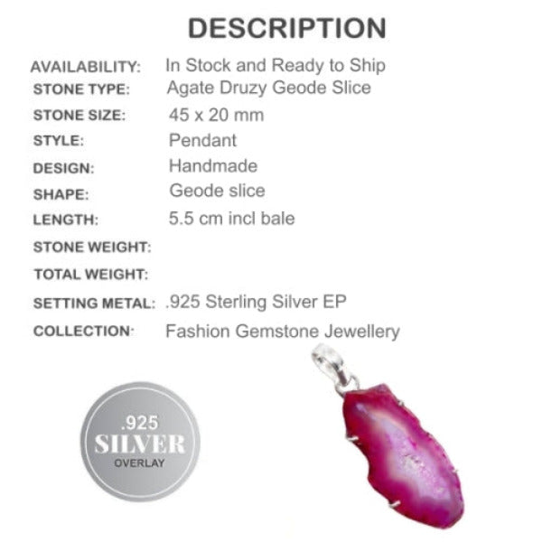 Handmade Pink Agate Druzy Geode Slice Gemstone Pendant - BELLADONNA