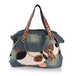 Trendy Women's Casual Denim Handbag with Brown Leather Accents - BELLADONNA